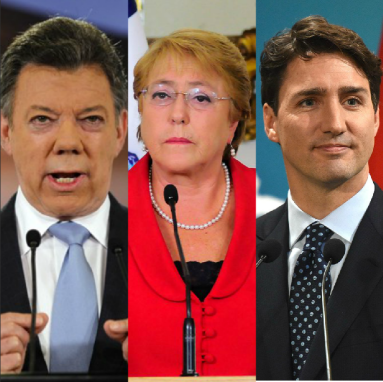 Presidente de Colombia, Juan Manuel Santos, presidenta de Chile, Michelle Bachelet, y primer ministro de Canadá, Justin Trudeau.