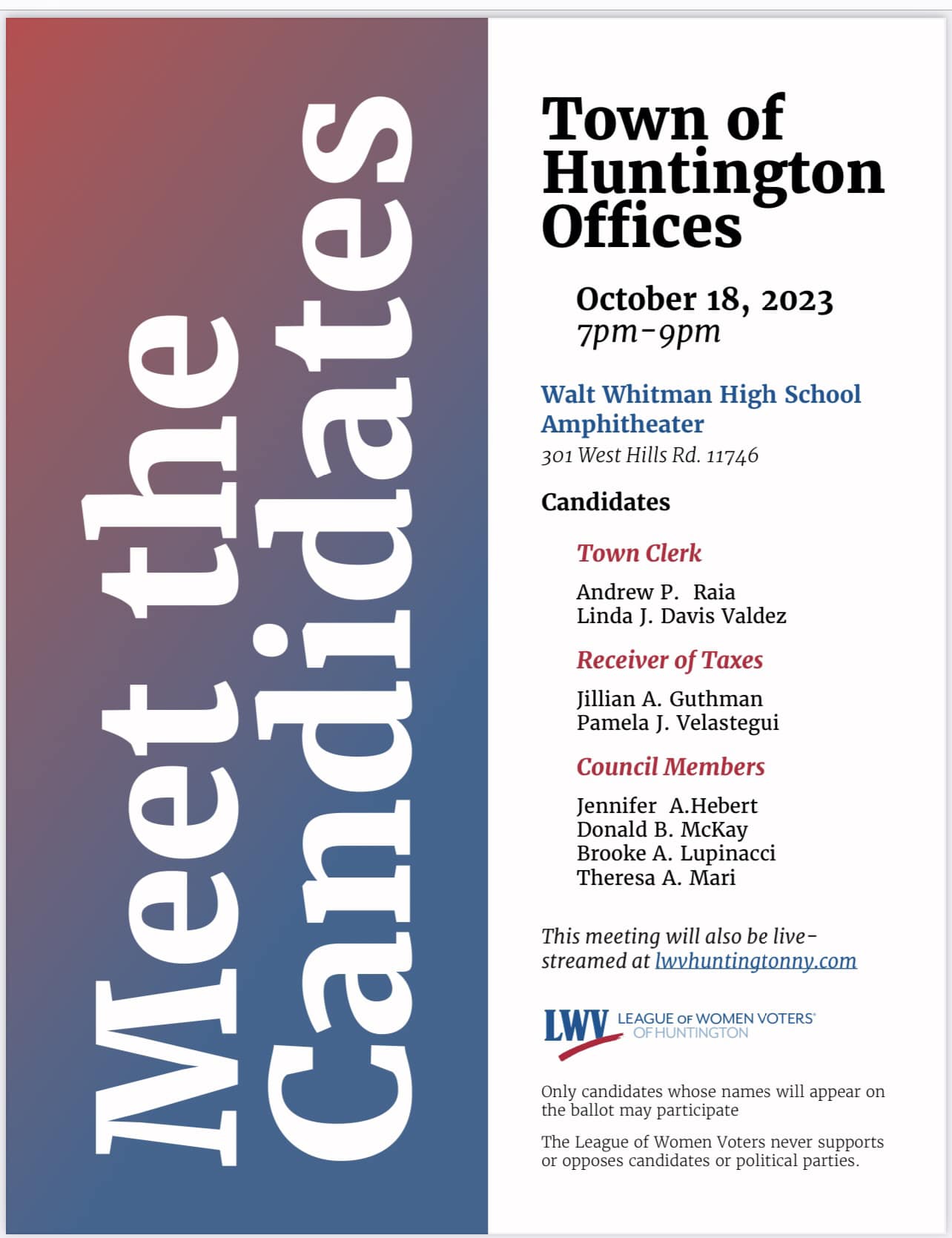 La Liga de Mujeres Votantes anuncia debates de candidatos en Huntington