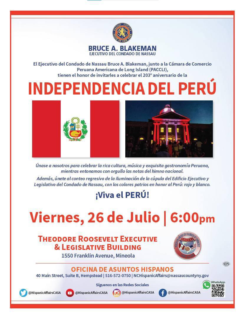 Condado de Nassau celebrará el 203 aniversario de la Independencia del Perú 