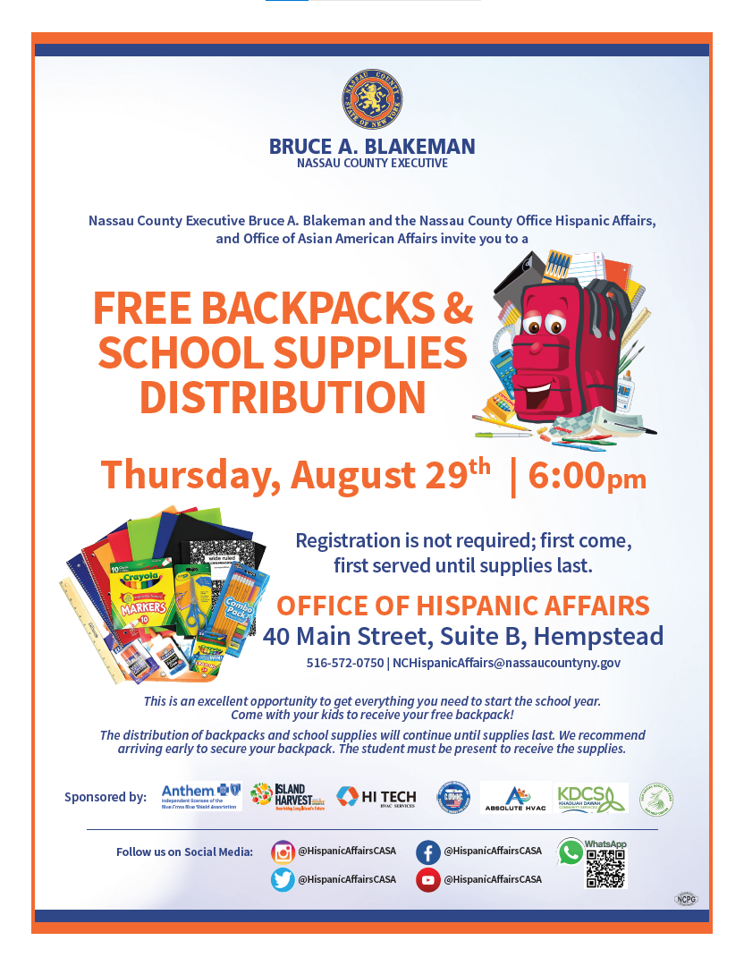 Gobierno de Nassau distribuirá mochilas y útiles escolares gratis en Hempstead
