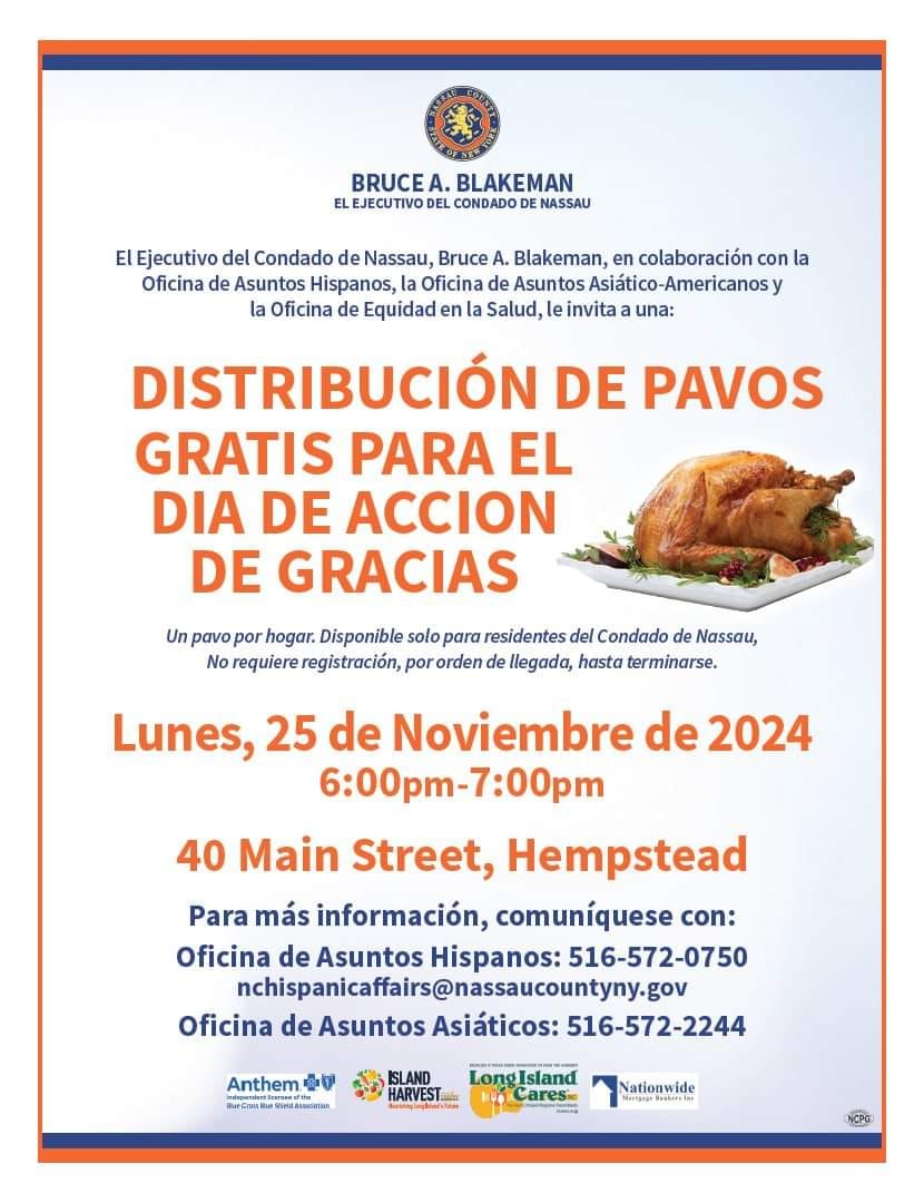 Condado de Nassau regalará pavos para la cena de Acción de Gracias