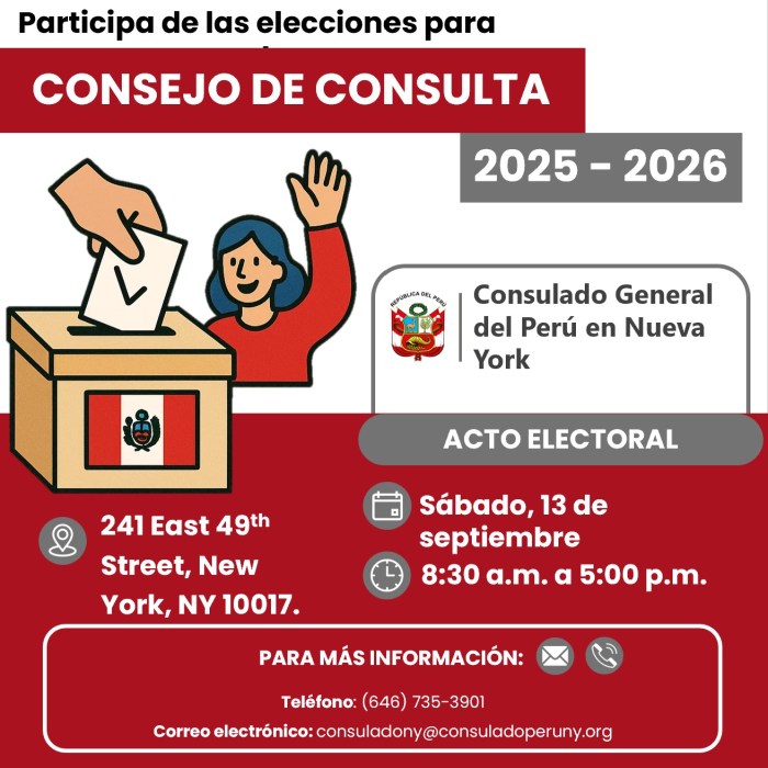 Este sábado las elecciones para el Consejo de Consulta del Consulado Peruano en Nueva York