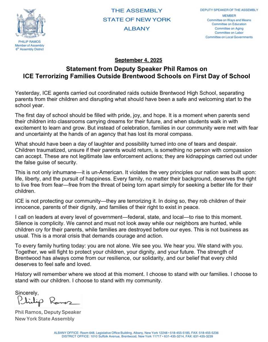 Vicepresidente Ramos condena arrestos de ICE a familias afuera de escuelas en Brentwood