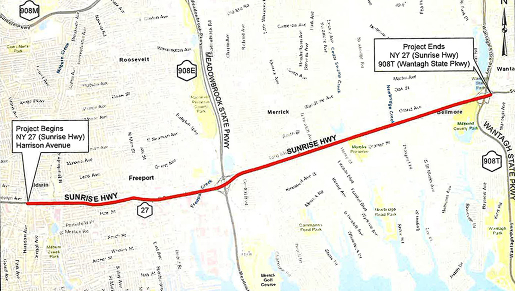 Diseñan proyecto de repavimentación de la autopista Sunrise Highway en Baldwin y Freeport