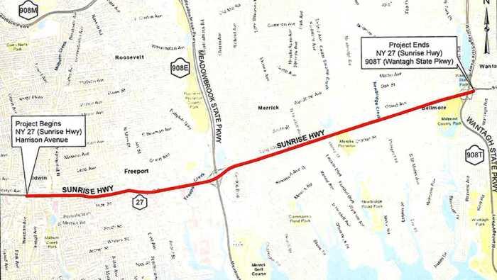 Diseñan proyecto de repavimentación de la autopista Sunrise Highway en Baldwin y Freeport