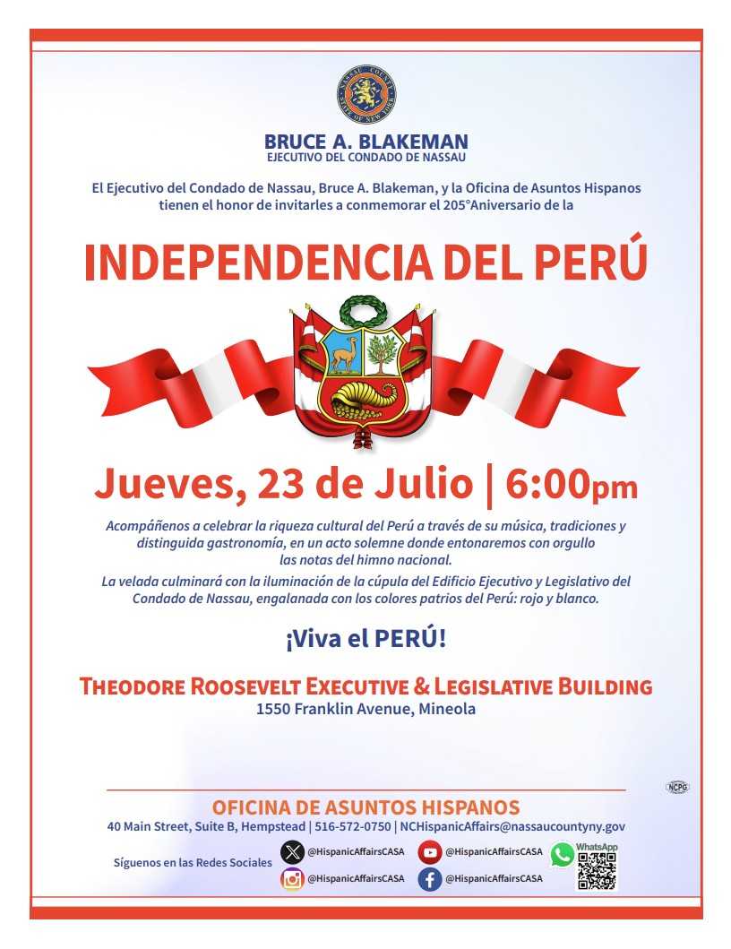 Condado de Nassau invita a la celebración de la Independencia del Perú