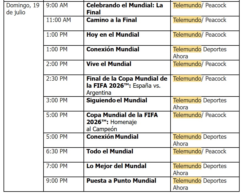 Final del Mundial 2026 en vivo en español por Telemundo y Peacock